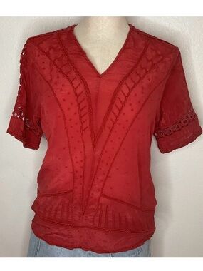 Sundance Red V-Neck Embroidered crochet Short Sleeve rust boho Blouse sz small